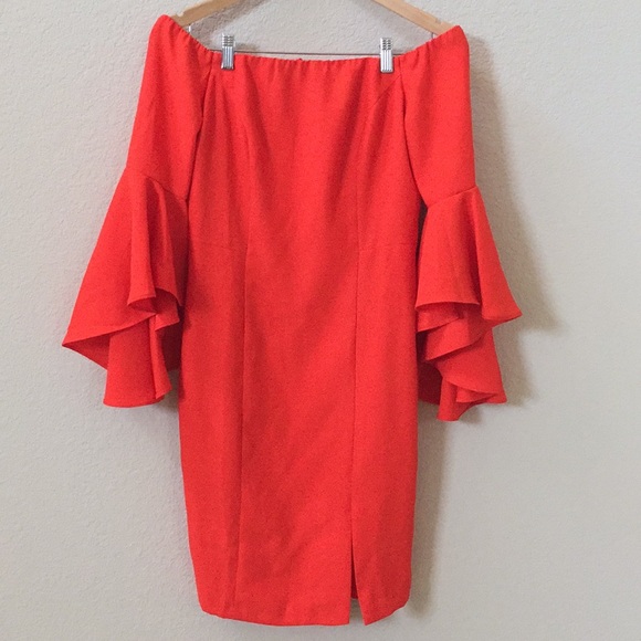 Venus red/orange off-the-shoulder ruffle dress - Picture 3 of 5